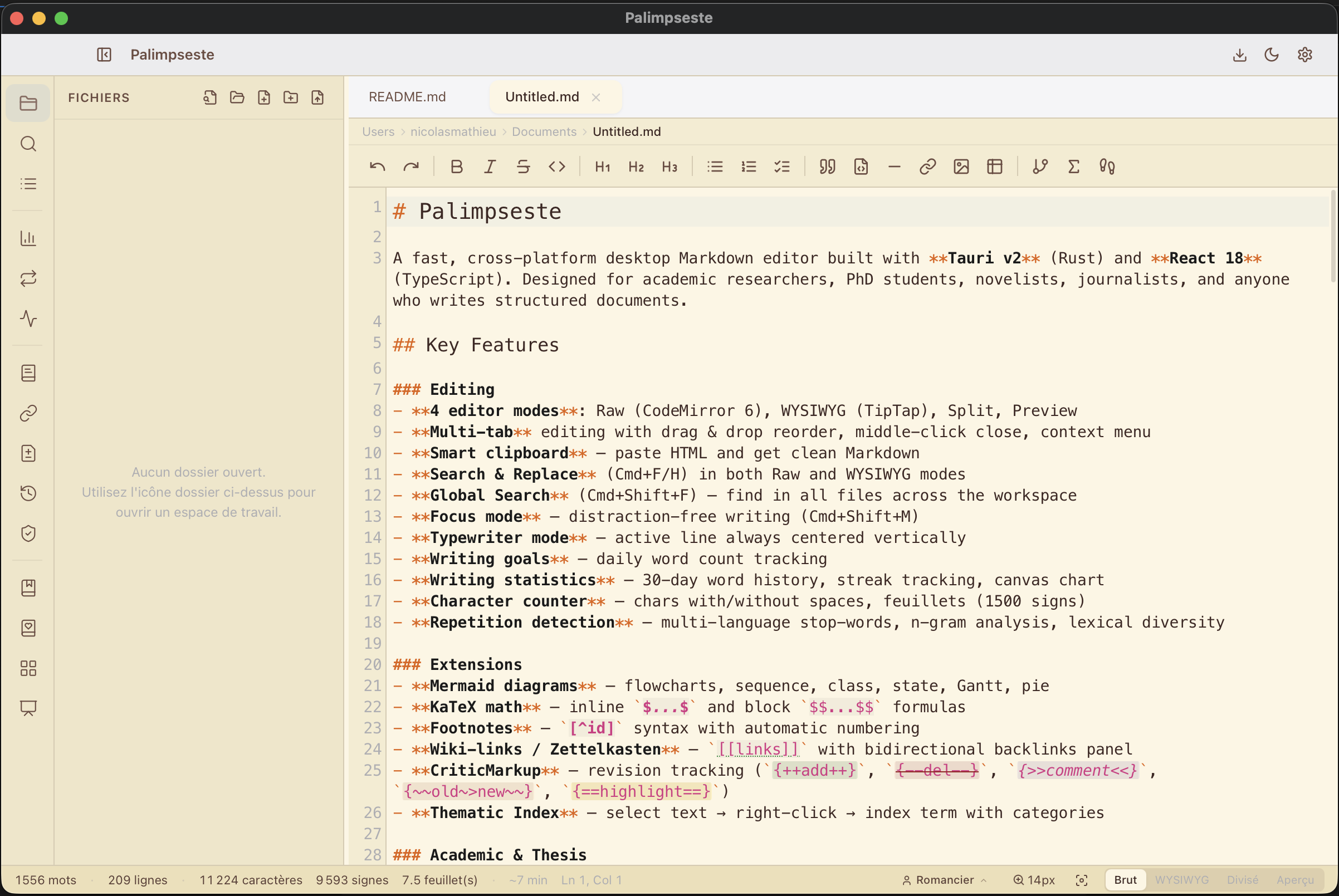 Palimpseste — raw Markdown mode, readable syntax