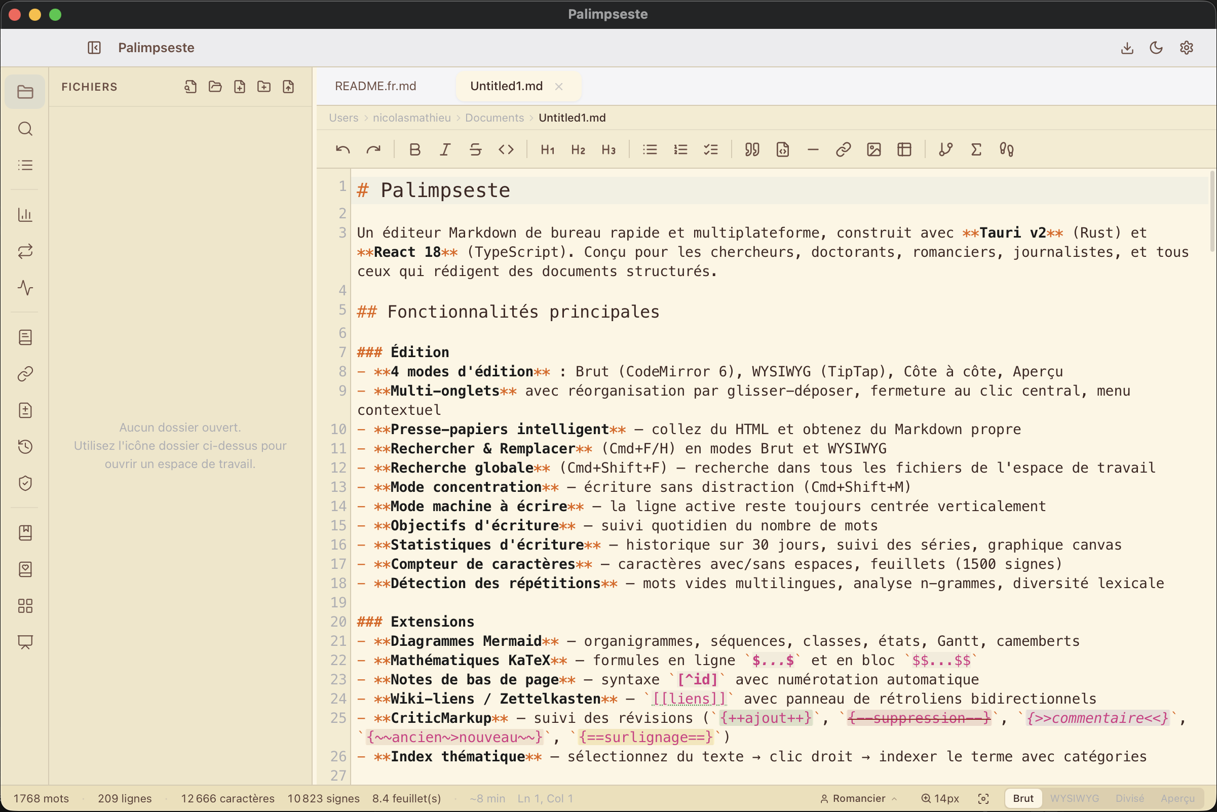 Palimpseste — mode Markdown brut, syntaxe lisible