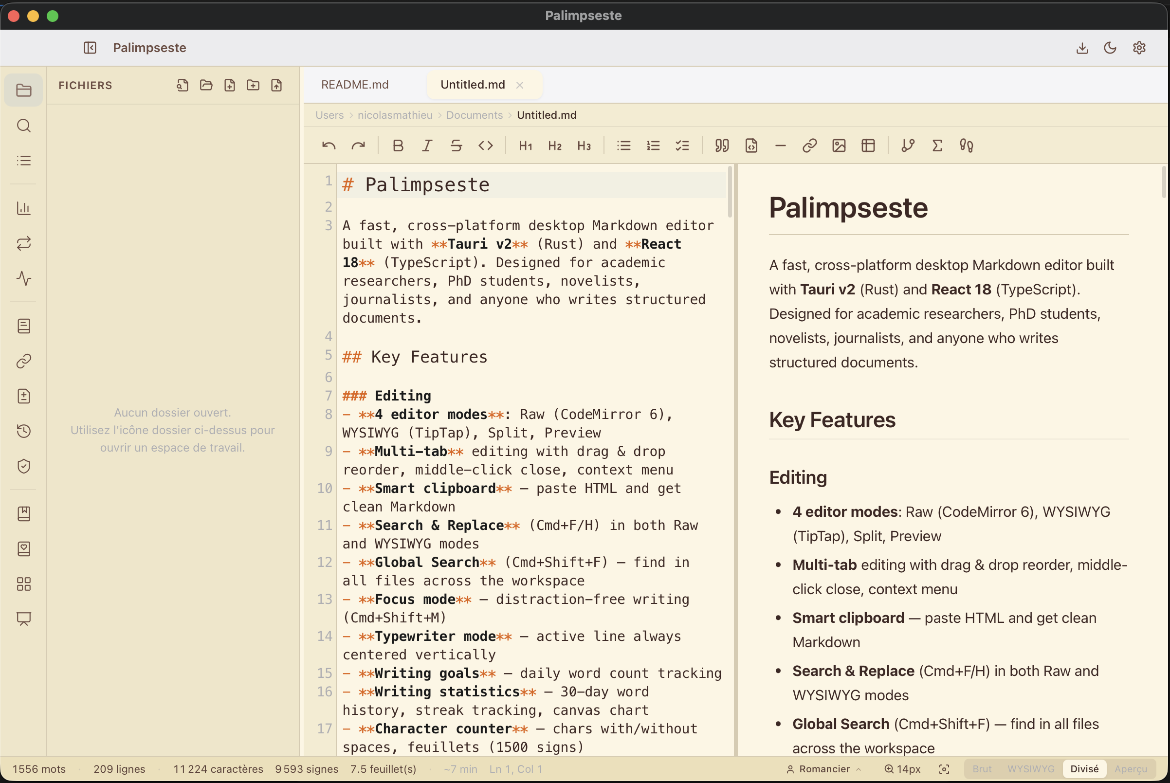 Palimpseste — Markdown editor in Split mode with AI panel
