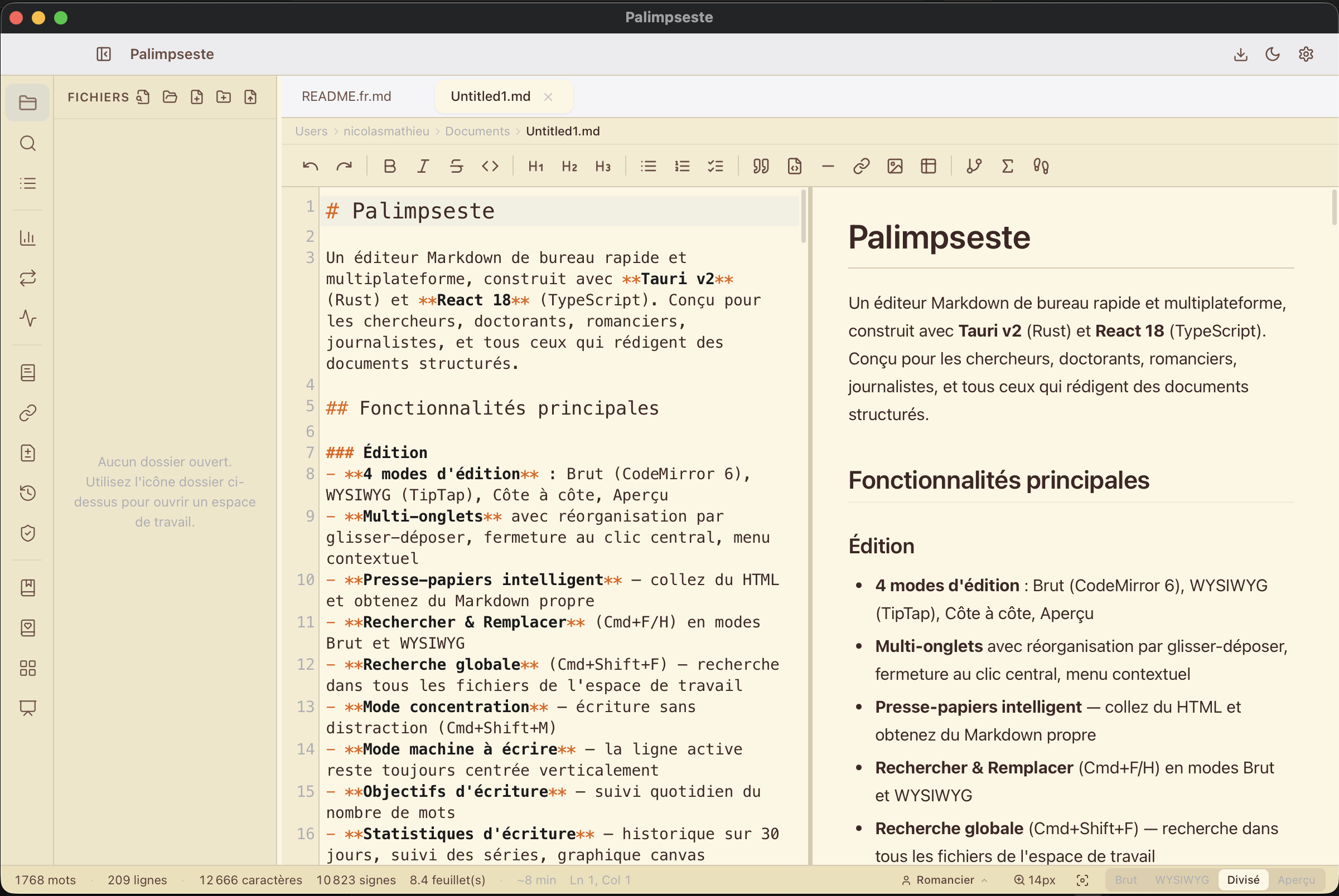 Palimpseste — mode Split, édition et aperçu côte à côte