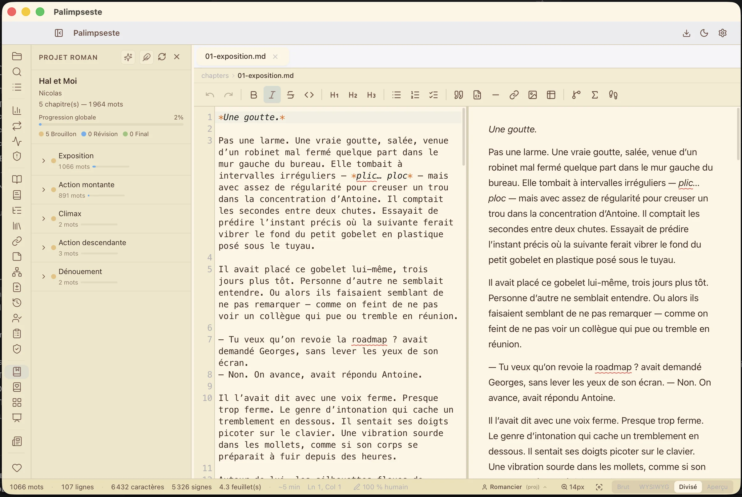 Palimpseste — projet roman « Hal et Moi » avec sidebar Roman, éditeur Split mode, chapitre généré par Story Engine