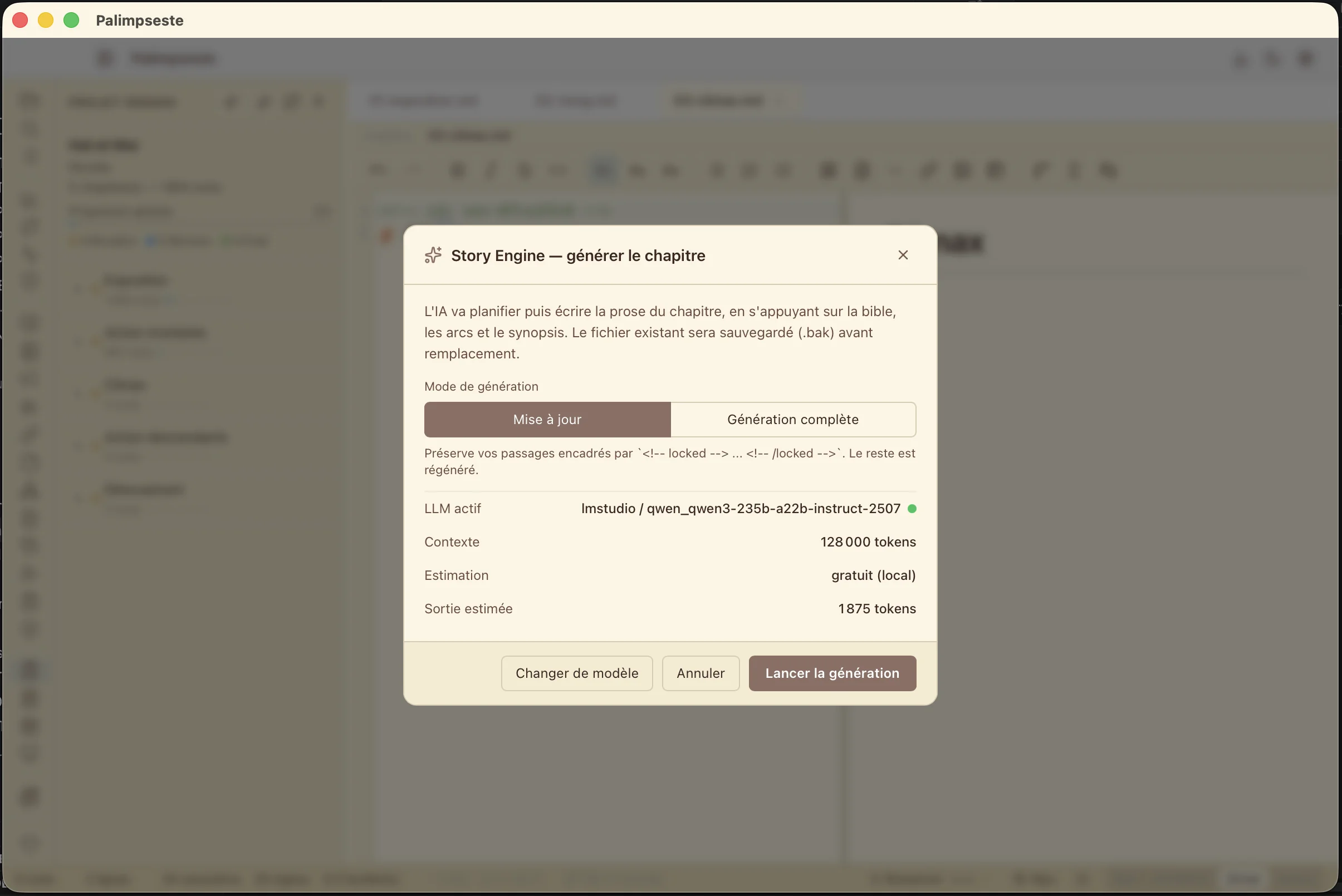 Story Engine — modale préflight v1.11.1, mode mise à jour, LLM lmstudio/qwen3-235b, contexte 128k tokens, sortie estimée 1875 tokens