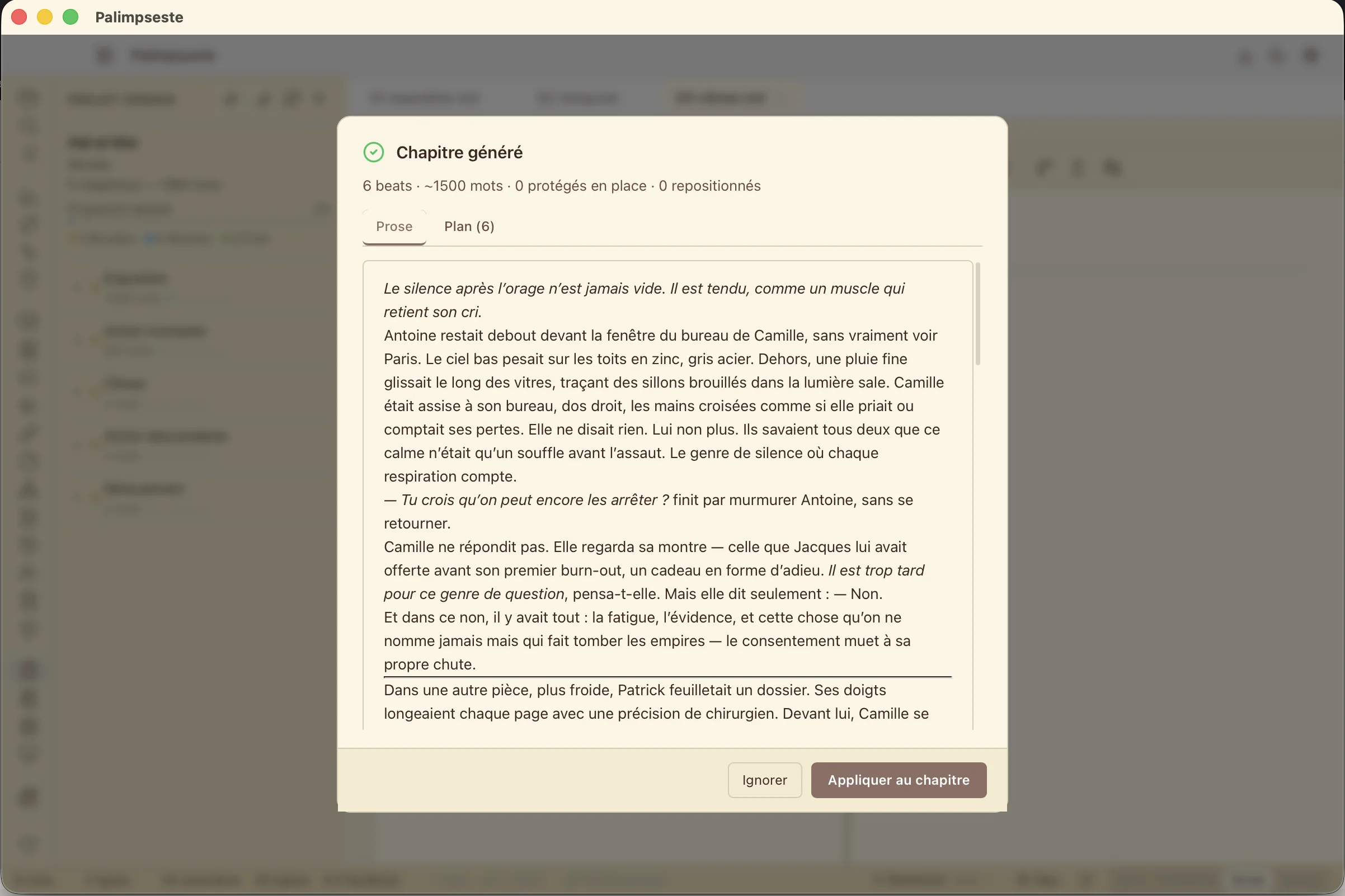 Story Engine — modale Chapitre généré, onglet Prose