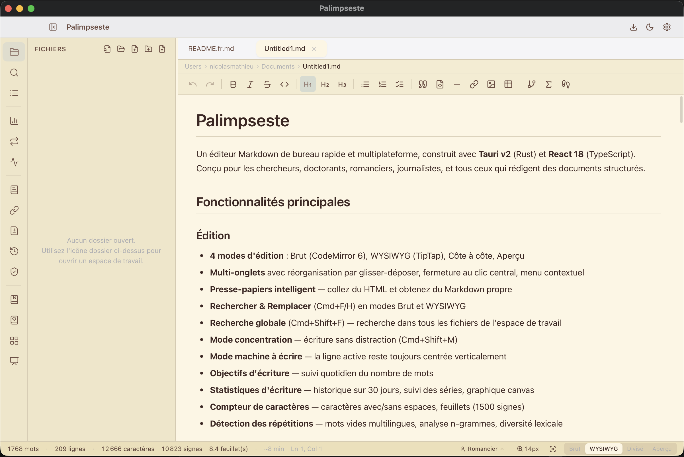 Palimpseste — mode WYSIWYG avec barre d'outils